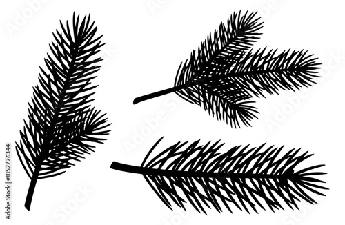 Pine tree branch silhouettes set with fir needles for winter christmas decoration