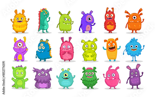 Big set of cartoon monsters. Cute monsters. Kids funny character design for posters, cards., magazins. Vector illustration
