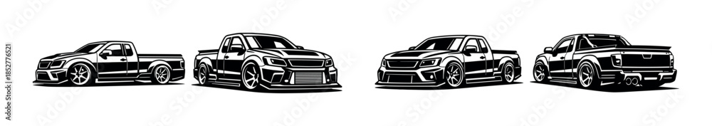 Fototapeta premium Pickup truck collection, flat vector illustration, silhouette, transport designs