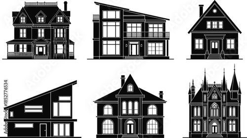 House and building silhouette vector illustration set, modern and classic architecture facades, black isolated residential designs for real estate, construction, urban concepts
