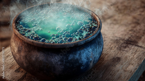 Dark cauldron filled with bubbling green liquid sits on a rustic wooden surface, surrounded by a mystical atmosphere, evoking themes of magic and alchemy in a fantasy setting