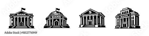 Bank building collection, financial institutions, flat vector illustration