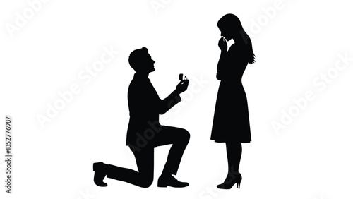 Silhouette of a man proposing marriage on one knee to a surprised woman holding her hand to her mouth