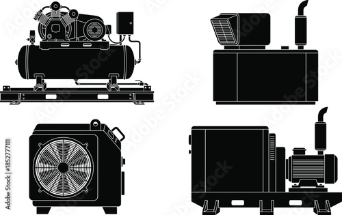 Industrial air compressor machine set vector illustration, stationary pneumatic equipment, motor pump system silhouettes, mechanical engineering machinery, isolated black and white design