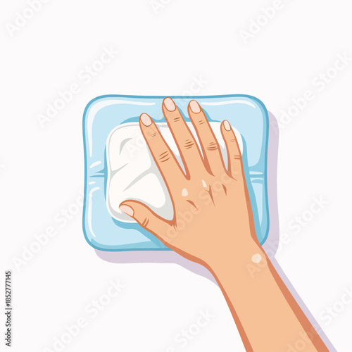 Hand on cold compress for injury relief. Medical ice pack first aid concept. Flat vector illustration