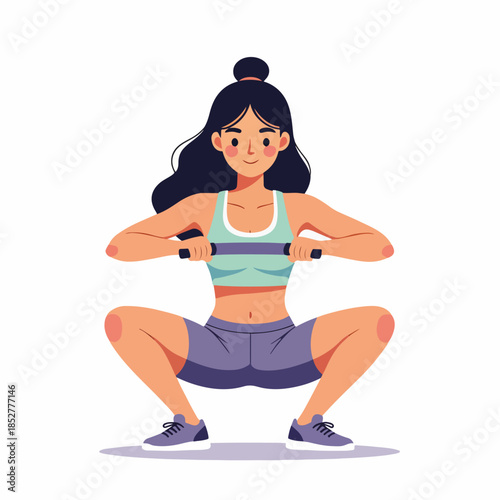 Young woman squatting with resistance band. Fitness and workout flat vector illustration. Girl doing leg exercise isolated on white background