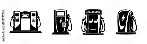 Electric car chargers, flat vector illustration of charging stations, power units
