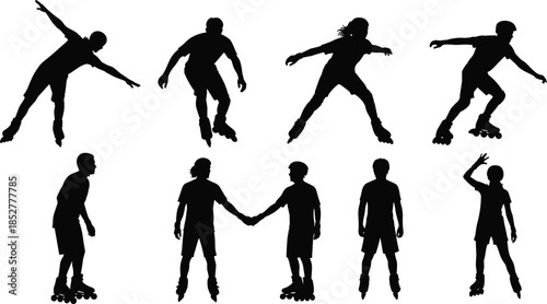 Inline Skate and Rollerblade Rider Silhouette Collection, People Skating, Roller Sport Activity, Hobby, and Fun Recreation Icon Set, Isolated Vector Design