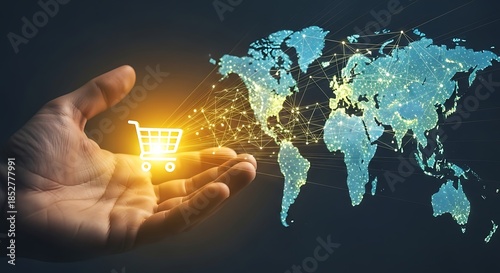Hand holding a glowing shopping cart icon with a world map made of lights in the background, symbolizing global ecommerce