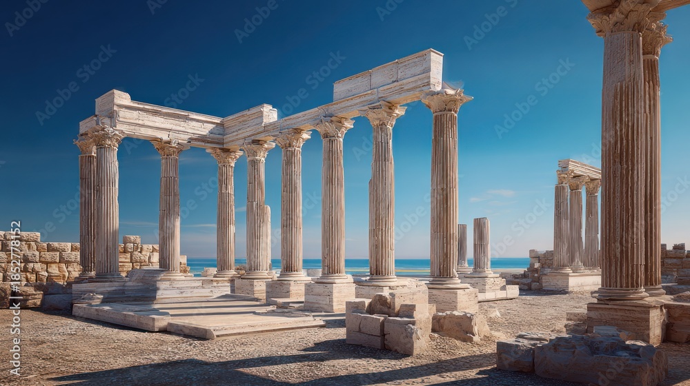 Fototapeta premium Ancient architectural columns with bright sunlight and open sky background