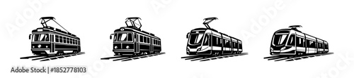 Vintage and modern trams, flat vector illustration, railway transit designs