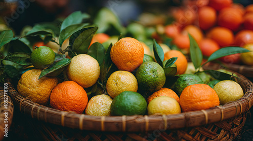 Vibrant assortment of citrus fruits including oranges, lemons, and limes arranged in a woven basket, showcasing fresh produce with lush green leaves and a rustic market atmosphere