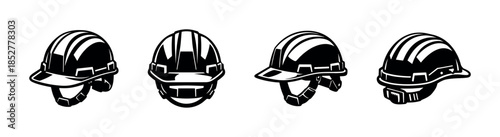 Construction helmets set, flat vector illustration, safety gear, black and white