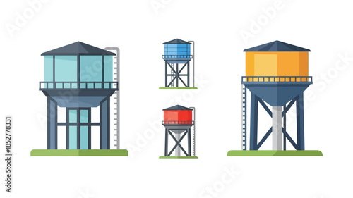 Illustration of various water towers in different designs and colors