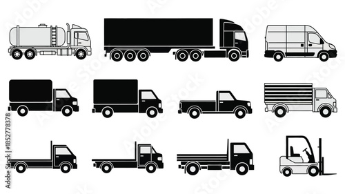 Various types of commercial trucks and vans in a black and white silhouette style