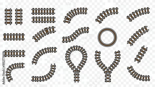 Various railway track segments and curves presented in a detailed graphic illustration