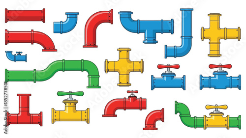 Colorful collection of various pipe fittings and valves displayed in a grid