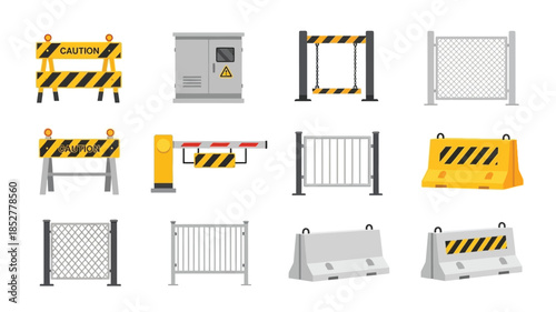 Construction barriers safety equipment and metal fencing illustrated in a vector style