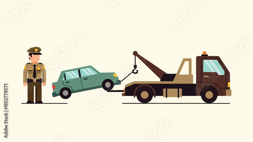 A tow truck assisting a broken down vehicle with a police officer present