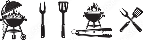 Bbq grill tools set with spatula and tongs on white background