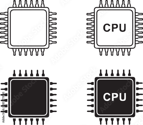 Set of four cpu icons with different designs on white background