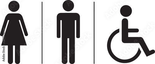 Public restroom signs for women, men, and accessible toilet with white background