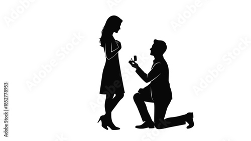 Silhouette of a man proposing marriage to a woman holding a ring box on one knee