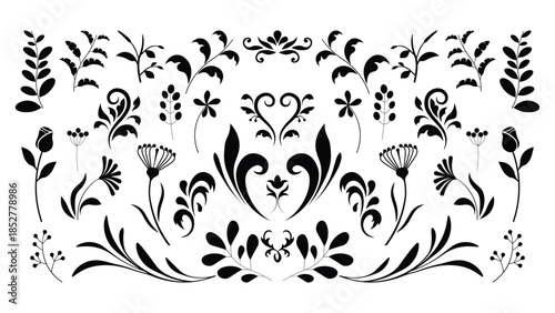 Elegant Floral Ornament Collection with Decorative Black Botanical Elements