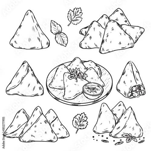 Set of hand drawn savory Indian pastry Samosa outline drawing illustration
