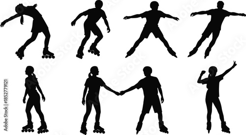 Inline Skate and Rollerblade Silhouette Collection, People Skating in Various Poses, Roller Sport Activity, Hobby, and Fun Recreation Icon Set, Vector Design
