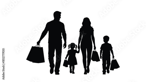 Silhouette of a happy family walking together holding shopping bags after a retail excursion