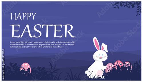 Happy Easter Night Greeting Banner with Cute Bunny and Decorative Eggs