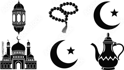 Islamic Ramadan icon collection, mosque silhouette, crescent moon and star symbols, lantern, prayer beads, Arabic coffee pot vector for cultural holiday design