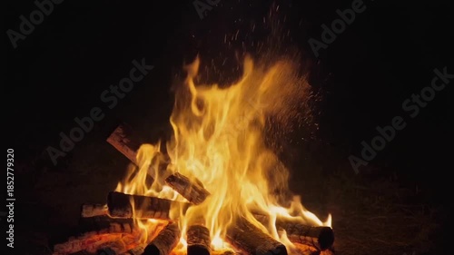 キャンプファイヤーの立ち昇る炎（黒背景）