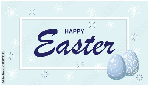 Happy Easter Greeting Banner with Decorative Eggs and Snowflake Pattern Background
