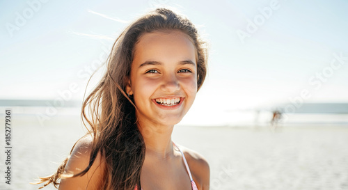 Young girl with long hair smiling brightly at the beach, enjoying a sunny day, with soft sand and ocean waves in the background, capturing joy and carefree moments