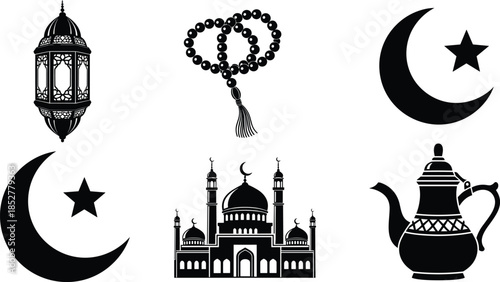 Islamic Ramadan icon set, mosque silhouette, crescent moon and star symbols, lantern, prayer beads, Arabic coffee pot illustration for cultural and religious themes