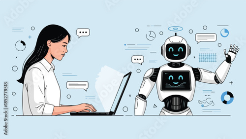 AI Assistant and Woman Working on Laptop – Technology Interaction Illustration