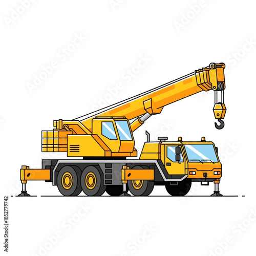 illustration of a large yellow mobile crane with extended boom and hook for construction work