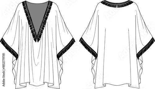 Kaftan, tunic, poncho, loose, draped, women, fashion, garment, front, back, view, fringed, neckline, sleeve, apparel, technical, sketch, vector, illustration, design