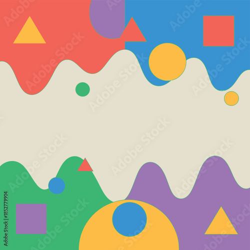 A colorful abstract background with geometric shapes and wavy lines creates a playful design.