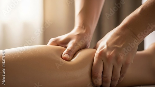 Wallpaper Mural Close-up on sactioned hands performing a deep tissue massage on a person's leg, promoting relaxation and muscle relief. Torontodigital.ca
