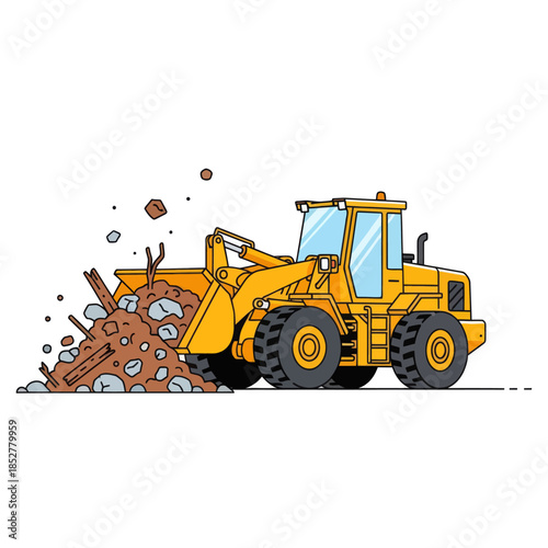 Cartoon Illustration of a Construction Loader Moving Earth and Debris in a Mine or Construction Site