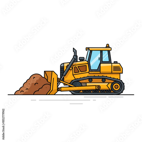 Illustration of a yellow bulldozer pushing a large amount of earth in a construction site