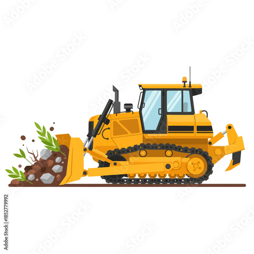 heavy duty yellow bulldozer clearing ground with detailed tracks and bucket for construction work