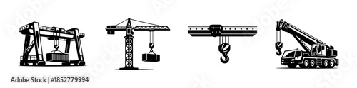 Construction crane set, machinery, equipment, flat vector illustration