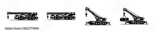 Construction crane vehicles, heavy machinery and lifting equipment, flat vector illustration