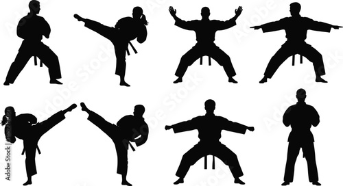 Karate and Martial Arts Silhouette Set, Man and Woman in Various Fighting Stances, Kick, Punch, and Training Pose Icon Collection, Isolated Vector DesignKarate and Martial Arts Silhouette Set, Man h, 