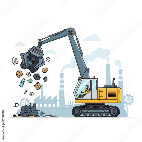 Illustration of a robotic excavator sorting debris and rocks with an industrial background
