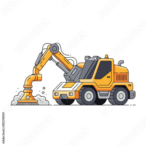 illustration of a compact excavator with a yellow and gray color scheme working on construction site